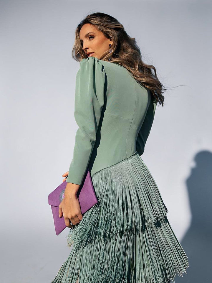 Green fringe dress back view, V-back with long sleeves and tiered tassel skirt