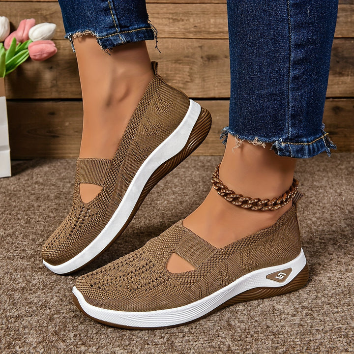 Odelia™ non-slip orthopedic shoes in brown knit, slip-on style with side cutouts