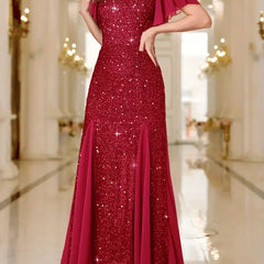 Red sequin satin dress, V-neck and short flutter sleeves, fitted waist, flared skirt