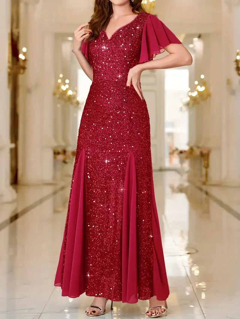 Red sequin satin dress, V-neck and short flutter sleeves, fitted waist, flared skirt