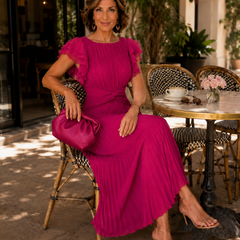 Fuchsia pleated midi dress with ruffle cap sleeves and waist tie