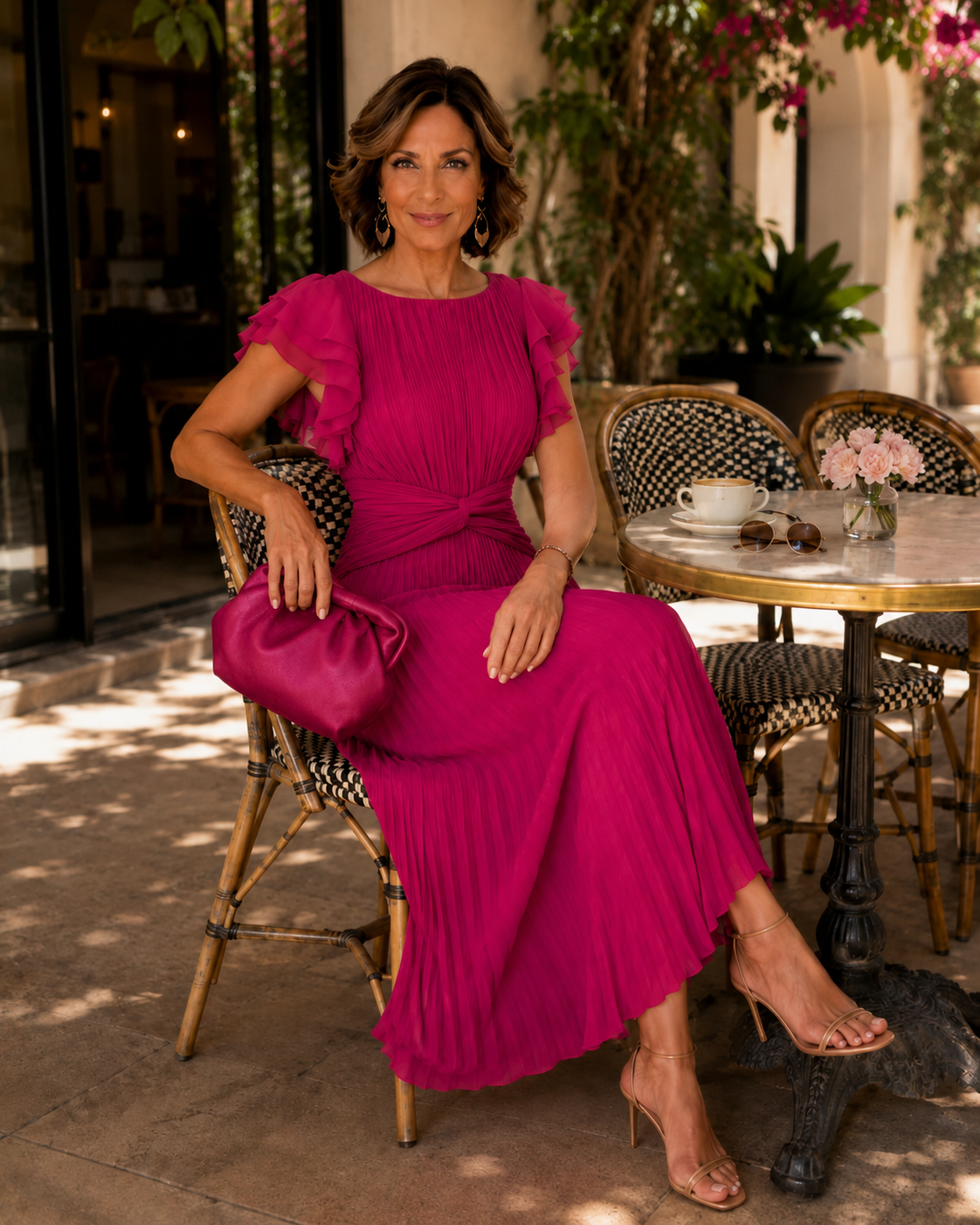 Fuchsia pleated midi dress with ruffle cap sleeves and waist tie