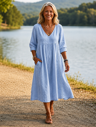 Light blue lightweight maxi dress with ruched V-neck and 3/4 sleeves