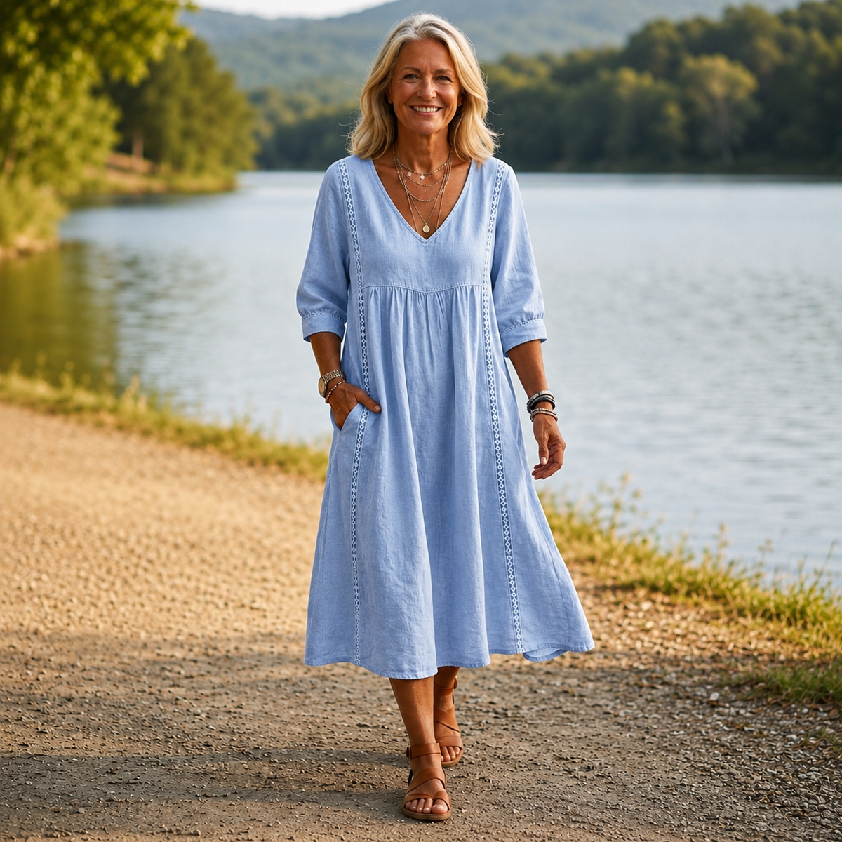 Light blue lightweight maxi dress with ruched V-neck and 3/4 sleeves