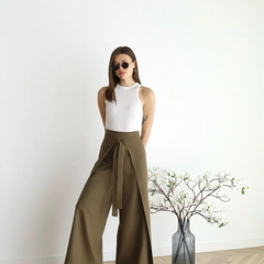 Olive green wide-leg trousers with front waist tie and relaxed wide flared legs
