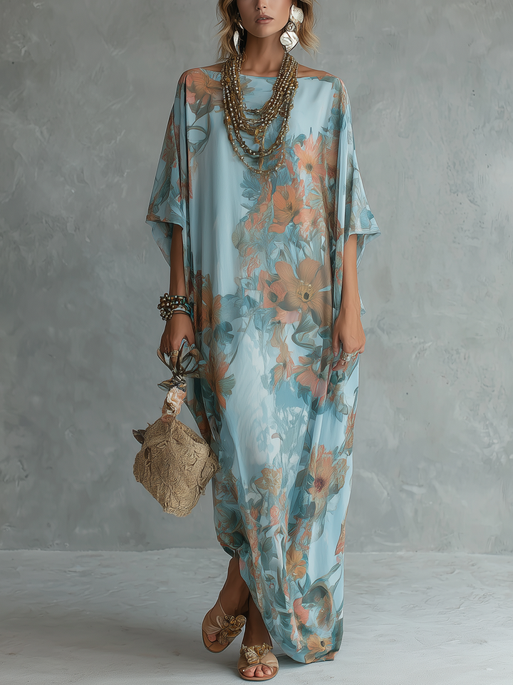 Light blue long dress with orange floral print, loose fit, short flutter sleeves