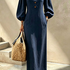 Navy blue v-neck maxi dress with button front and lantern sleeves
