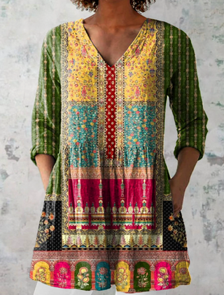 Multicolor long V-neck blouse with 3/4 sleeves, floral geometric patchwork