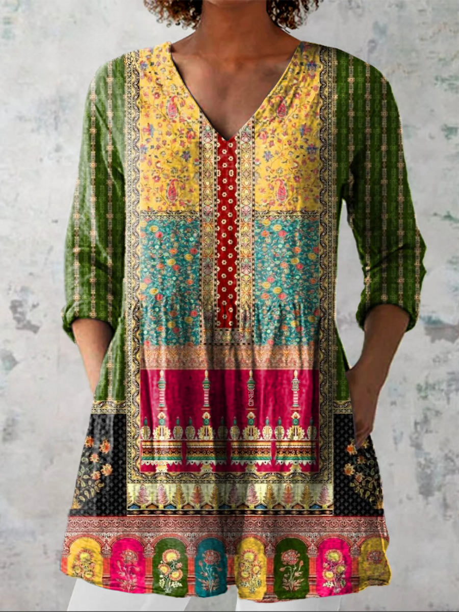 Multicolor long V-neck blouse with 3/4 sleeves, floral geometric patchwork