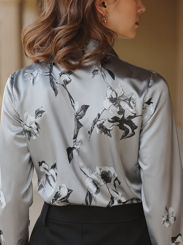 Gray satin blouse with back floral print and button collar