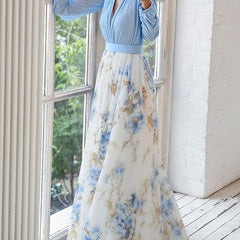 Light blue and ivory maxi dress, V-neck bodice, long puff sleeves, floral print skirt