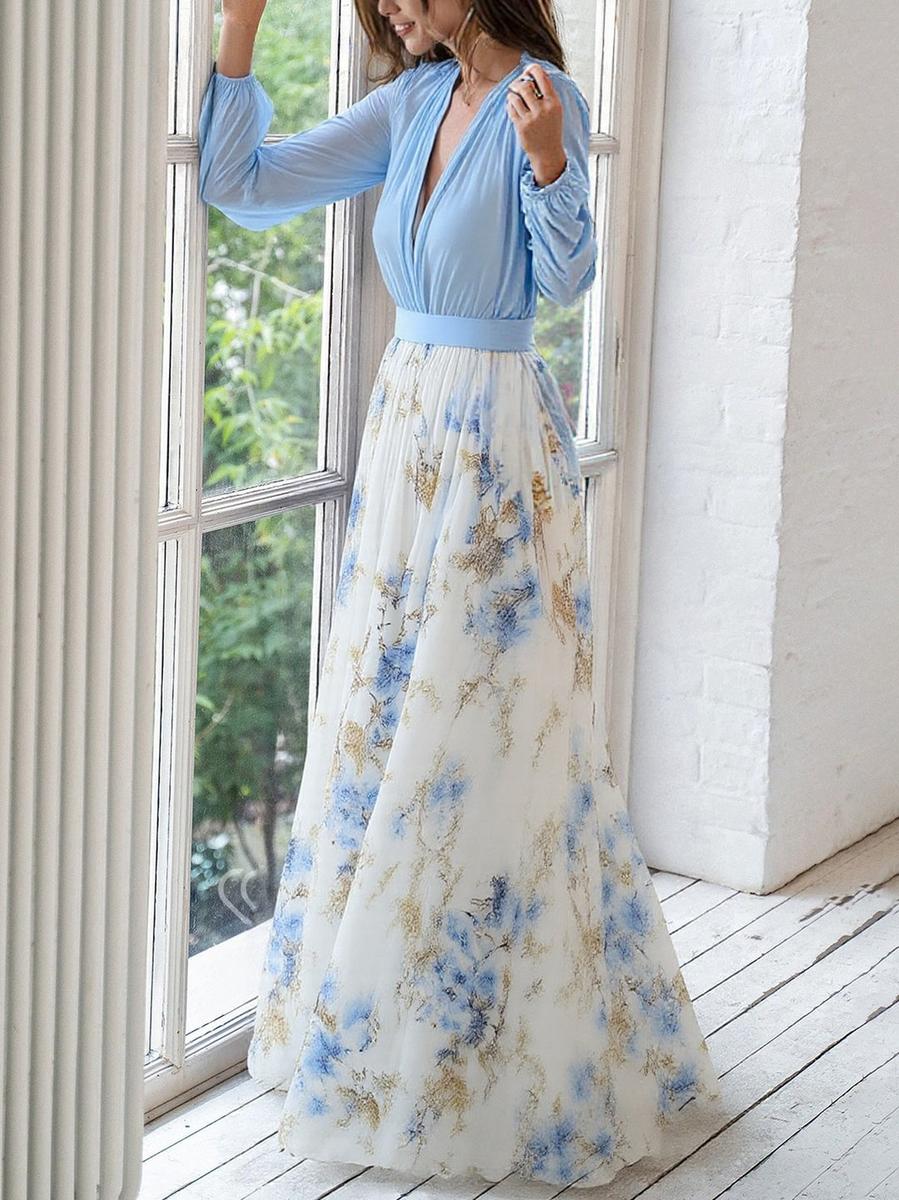 Light blue and ivory maxi dress, V-neck bodice, long puff sleeves, floral print skirt