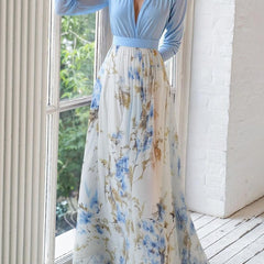Ivory floral maxi skirt with light blue V-neck bodice and long sheer sleeves