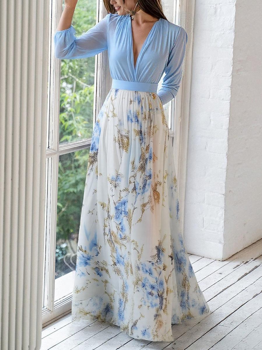 Ivory floral maxi skirt with light blue V-neck bodice and long sheer sleeves