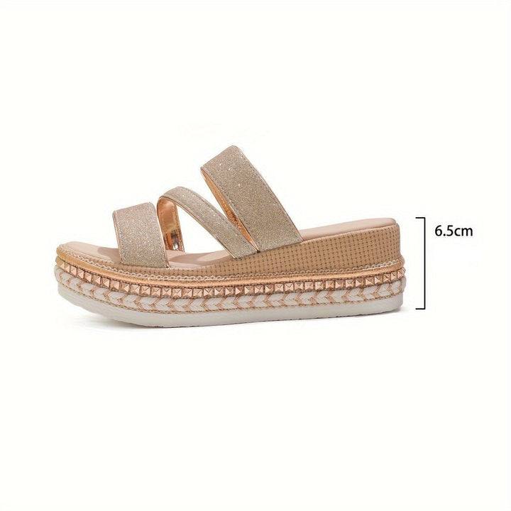 Gold glitter platform sandals, 6.5 cm platform height, three wide straps