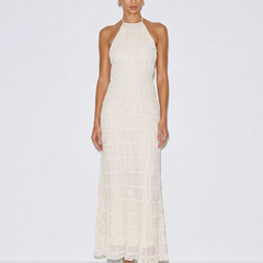 White halter tiered midi dress with sleeveless smocked bodice