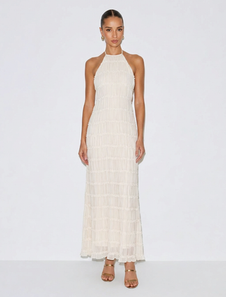 White halter tiered midi dress with sleeveless smocked bodice