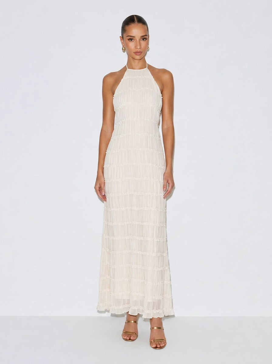 White halter tiered midi dress with sleeveless smocked bodice