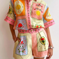 Teresa Set patchwork button-up shirt and shorts set, pink/cream with multicolor prints