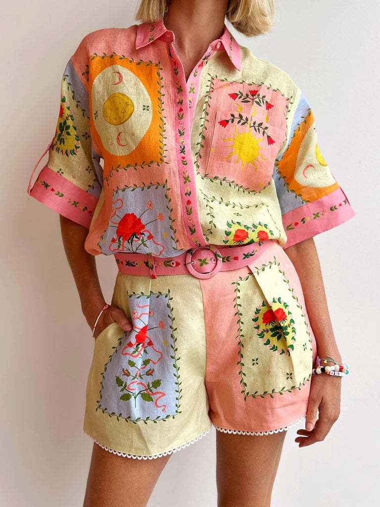 Teresa Set patchwork button-up shirt and shorts set, pink/cream with multicolor prints