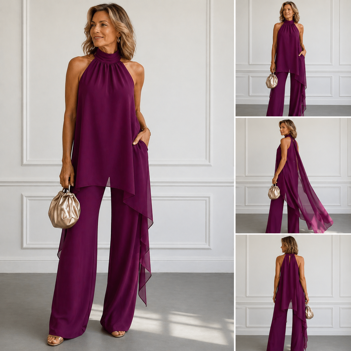 Penelope™ two-piece set in dark purple: halter sleeveless top with draped overlay and wide-leg pants