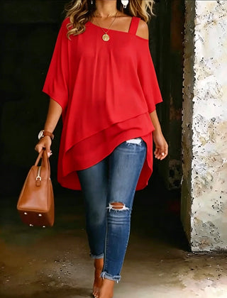 Red asymmetric cold-shoulder blouse with draped layered hem and short sleeves