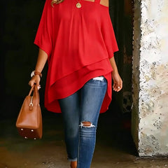 Red asymmetric blouse with wide square neckline and draped hi-lo hem
