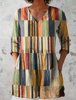 Long V-neck blouse with multicolor patchwork stripes and 3/4 sleeves