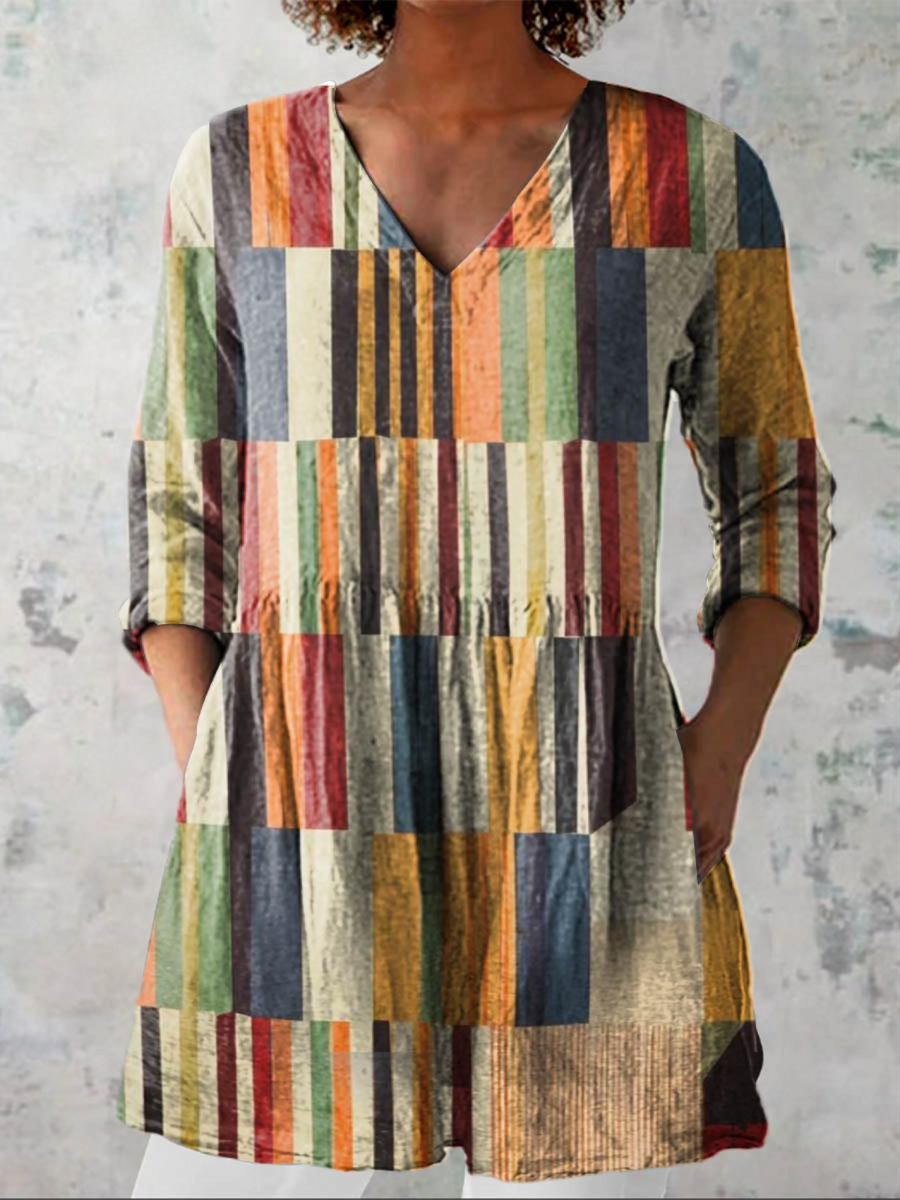 Long V-neck blouse with multicolor patchwork stripes and 3/4 sleeves