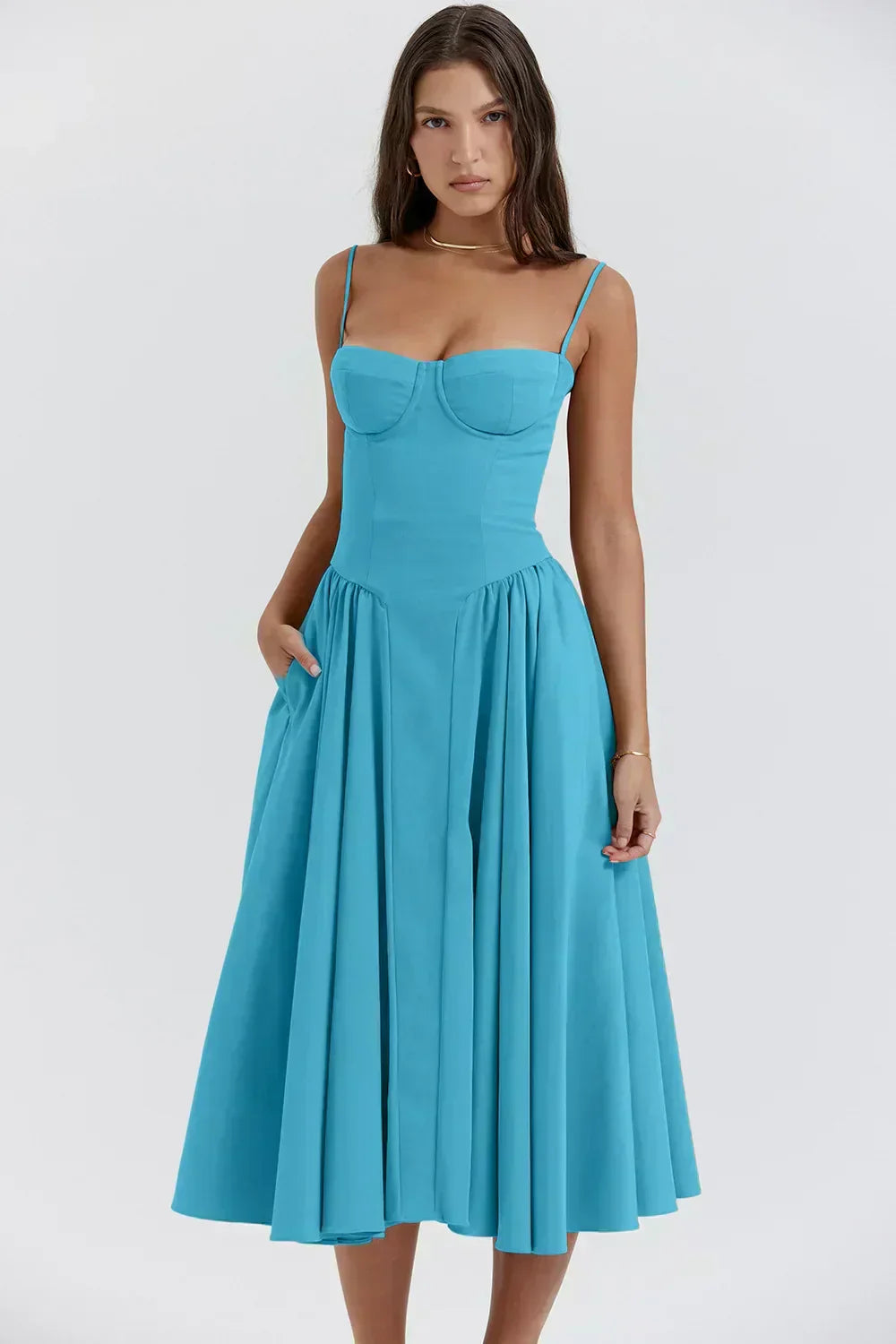 Blue corset sundress with sweetheart bodice and gathered midi skirt