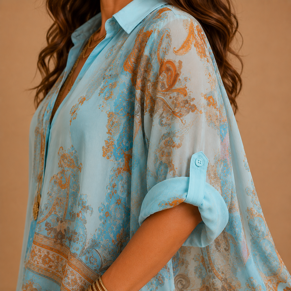 Maria™ blouse dress sleeve detail in light blue print with button cuff
