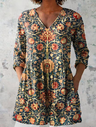 Celine long V-neck blouse, multicolor floral medallion print, 3/4 sleeves