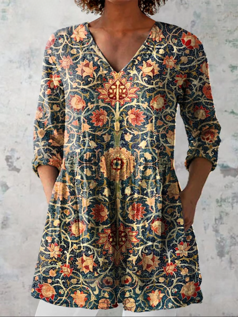 Celine long V-neck blouse, multicolor floral medallion print, 3/4 sleeves