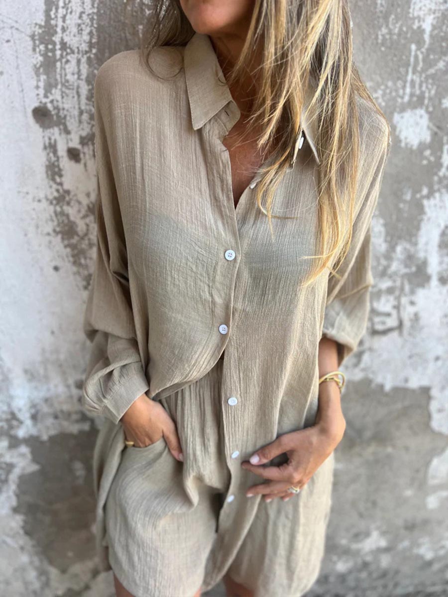 Sand button-front shirt and matching shorts set with long sleeves and collared neckline