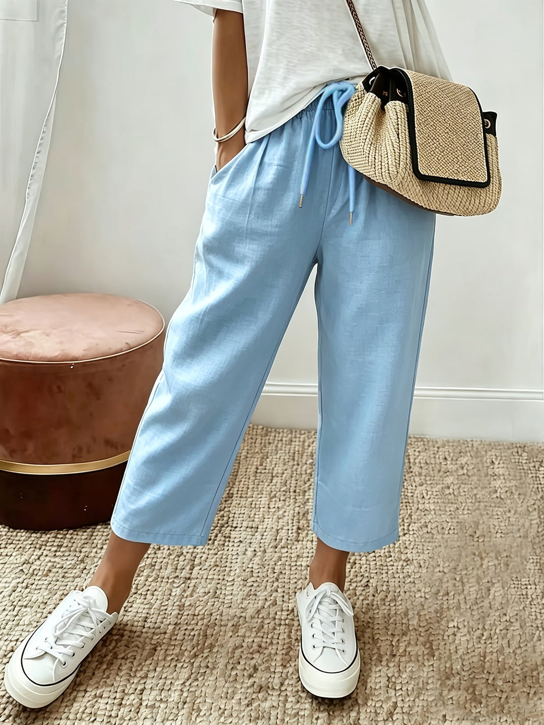 Cropped wide-leg trousers, powder blue, drawstring waist and ankle-length hem
