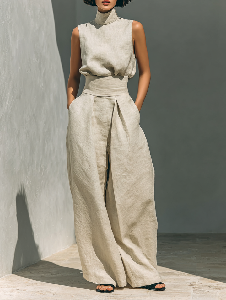 Sleeveless high-neck dress with gathered waist belt and wide legs in light khaki
