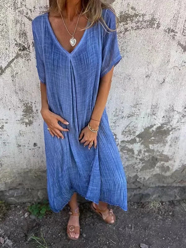 Blue breathable V-neck dress with short sleeves, relaxed fit, flowy hem