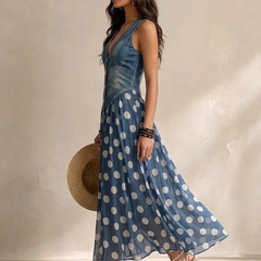 Blue denim sleeveless dress with V-neck and polka-dot chiffon skirt, side view