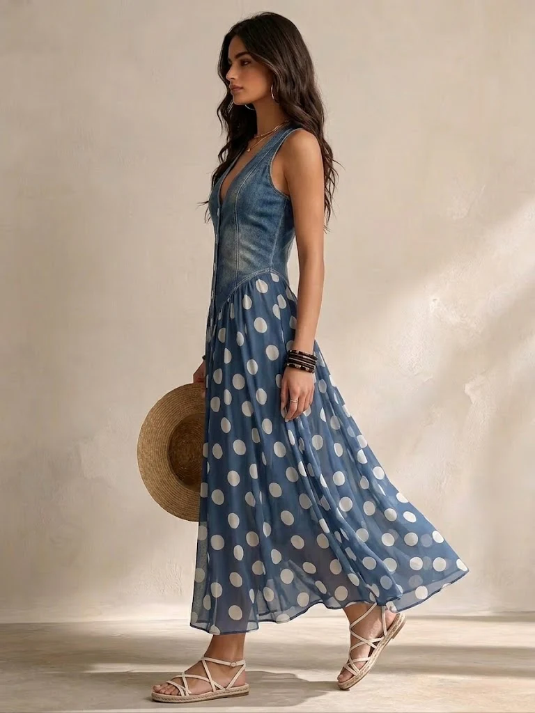 Blue denim sleeveless dress with V-neck and polka-dot chiffon skirt, side view