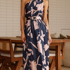 Sleeveless navy maxi dress with pink abstract floral print and tie waist belt