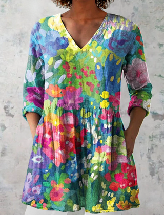 Maelle long V-neck blouse, multicolor watercolor floral, gathered 3/4 sleeves