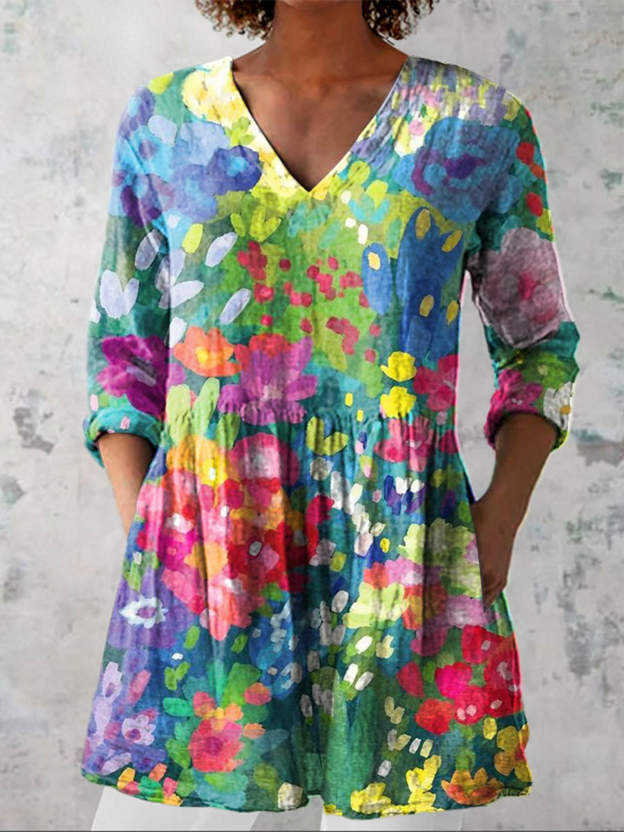Maelle long V-neck blouse, multicolor watercolor floral, gathered 3/4 sleeves