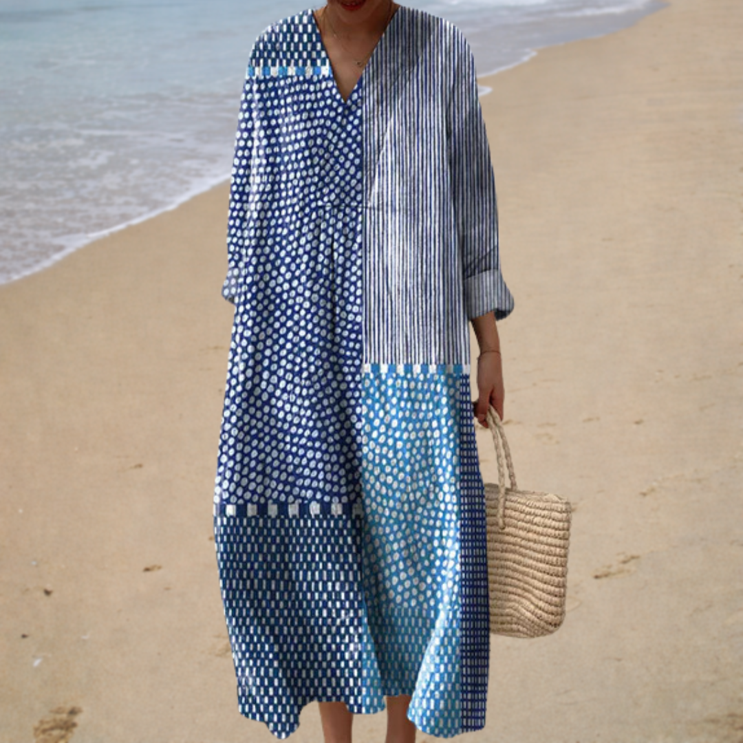 Kayla™ blue-and-white printed summer dress, button-front maxi with geometric pattern