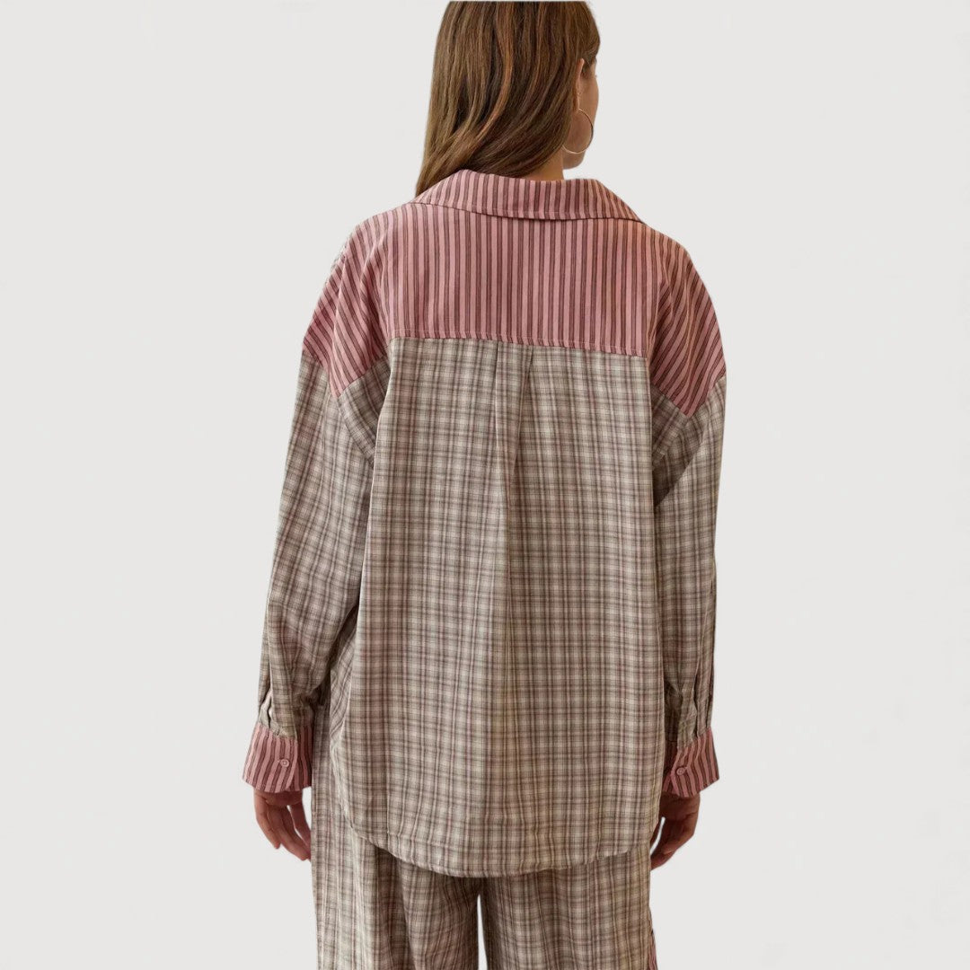 Relaxed pyjama set: back view of pink-and-plaid button shirt with matching trousers