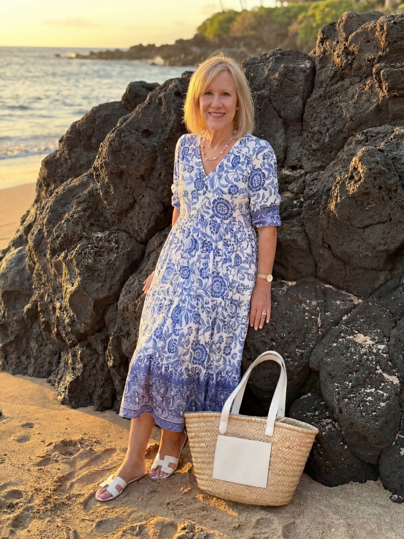 Blue floral midi dress with V-neck and gathered tiered skirt