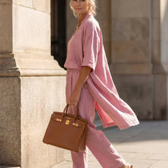 Lorrin™ elegant set in pink: side view long outer with matching wide-leg pants
