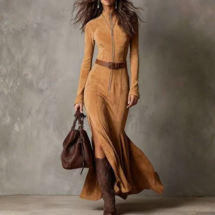 Camel suede maxi dress with front zip, waist belt, long sleeves, and side slit