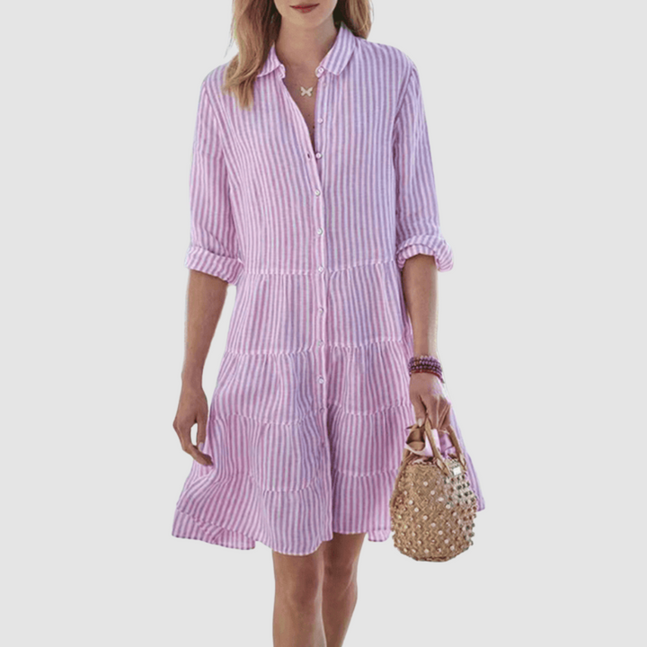 Purple striped tiered shirt dress with button-up placket and short ruffle sleeves