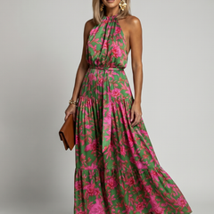 Floral halter midi dress in green with pink floral print, gathered waist and tiered skirt