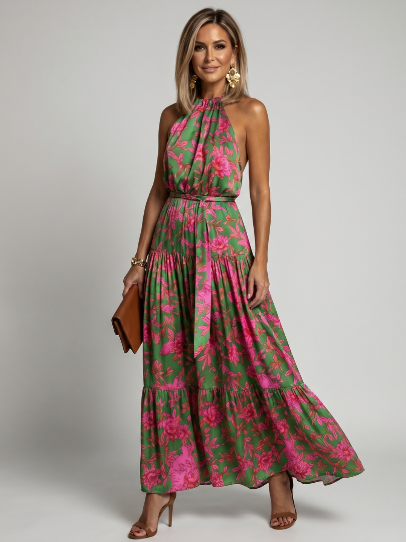 Floral halter midi dress in green with pink floral print, gathered waist and tiered skirt